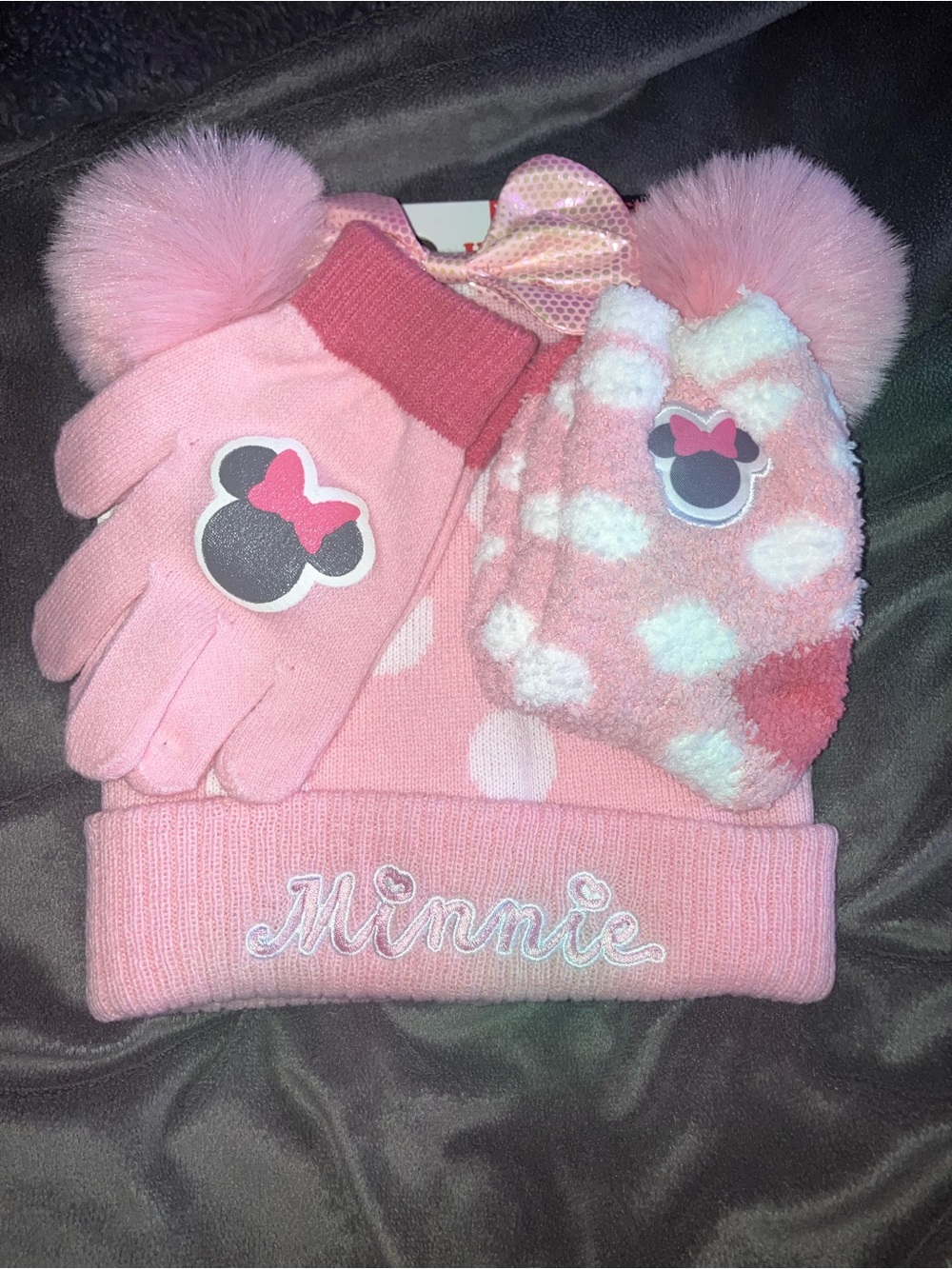 Disney Pink Minnie Pom Beanie with Matching Gloves
